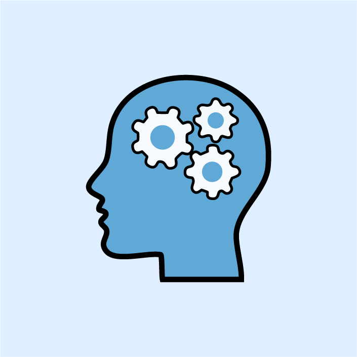 Head with gears representing planning, focus, and executive function in math learning.